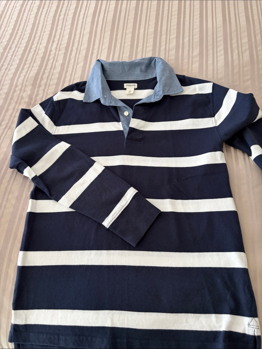 Crewcuts Navy and White Striped Polo with Chambray Collar